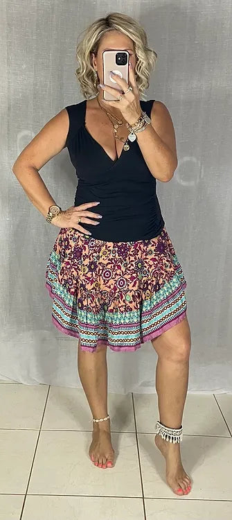 Dottie scooped hem Skirt - Aqua + Pink